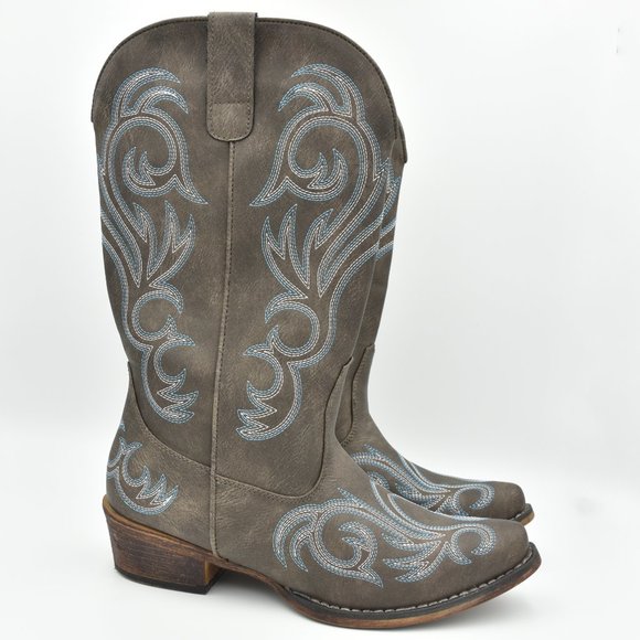 Roper Shoes - Roper Riley Mid Calf Casual Western Cowboy/girl Boots, Brown w/ Blue Stitching